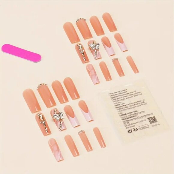 24pcs Glossy Long Square Fake Nails Light Brown Press On Nails With Champagne - Picture 3 of 3